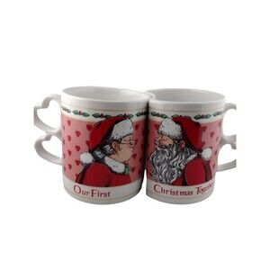 VTG 1987 First Christmas Coffee Tea 2 Cup Set Kissing Santa Mrs Claus Enesco